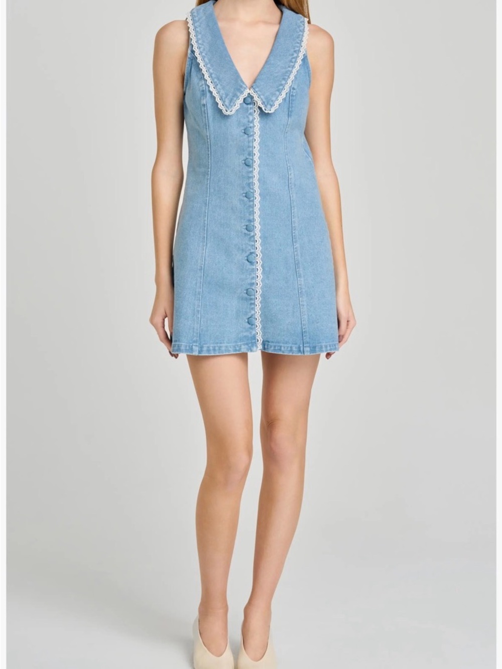 Wayf Light Blue Denim Mini Dress with Eyelet Trim